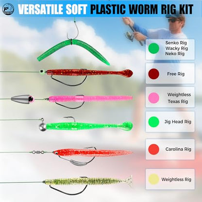 PLUSINNO Wacky Worm Fishing Lure Kit, Soft Plastic Fishing Lures, Grub Baits Hook Wacky Rig Bass Trout Fishing Worms Lures w/Tackle Box - color: 220PCS Wacky Worm Fishing Lure Kit