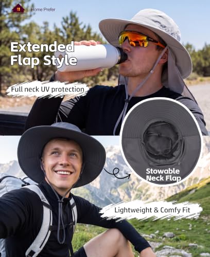 Home Prefer UPF 50+ Wide Brim Sun Hats with Neck Flap Sun Protection Hat for Men Women Gardening Fishing Summer Bucket Hat - color: Light Grey