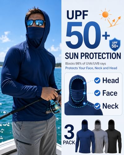 3 Pack Men's UPF 50+ Sun Protection Hoodies, Long Sleeve Moisture Wicking Shirts with Face Mask for Fishing - size: Small