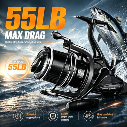Double Brake Spinning Reel Heavy Duty Metal Body with CNC Machined Spool 55LB Max Drag 6+1 BB Smooth 4.1:1 High Speed Gear Ratio Saltwater Freshwater Reel for FPL 8000-12000 Series
