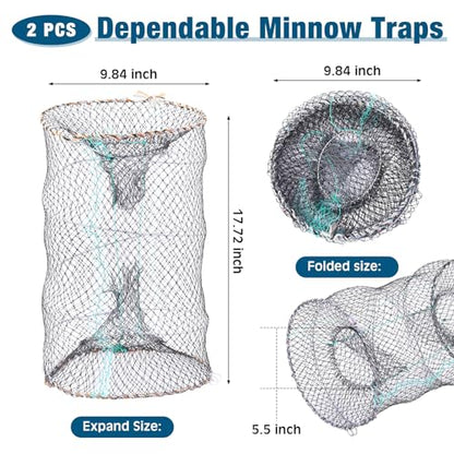 6 Pcs Fishing Net Trap Portable Folded, Crab Trap Minnow Trap, Fishing Landing Net with Telescoping Pole Handle, Casting Net Bait Trap with Heavy Duty Sinker and Storage Bucket