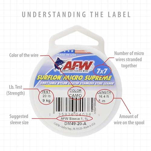 American Fishing Wire Surflon Micro Supreme Nylon Coated 7x7 Stainless Steel Leader Wire - Knottable Wire Leaders for Fishing Saltwater, Fly Fishing, 13lb Test - 90lb Test, Bright, Black & Camo Colors - color: Black, style: 5 Meter, 26 Pound Test