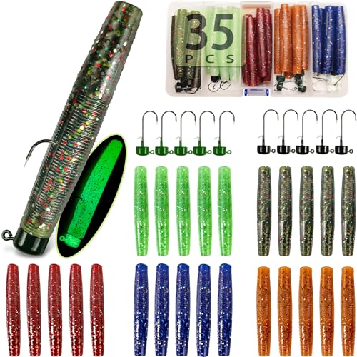 Ned Rig Jig Heads TRD Stick Worms Kit, 60, 35 Pack Ned Rig Lures Mushroom Jigs Finesse Soft Plastic Baits for Bass Fishing Freshwater Saltwater - color: 35 Pcs Ned Rig Lures
