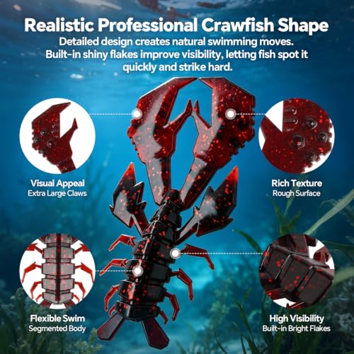 Soft Plastic 5.5" Crawfish Lures with Built-in Rattles, Weedless Bait | Durable Crawdad Swimbaits, Lifelike Action for Bass & Redfish, Freshwater Saltwater Use, 3pcs Per Pack Red Green Blue