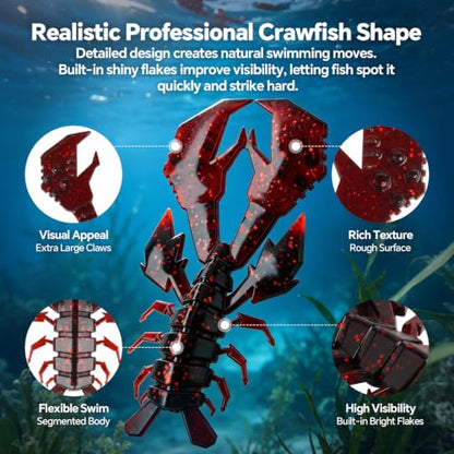 5.5" Battle Crawfish Soft Fishing Swim Baits with Rattles for Bass Fishing | Durable Crawdad Fishing Lures Kit for Bass Redfish Trout Crappie, Freshwater Saltwater Use, 3pcs Red Green Blue Color Pack