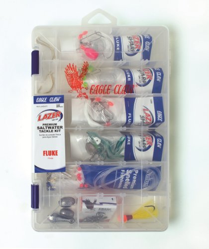 EAGLE CLAW LAZER SHARP FLUKE SALTWATER TACKLE KIT, 30 PIECES, CONTAINS ASSORTED SALTWATER HOOKS, SINKERS AND TACKLE FOR SALTWATER FLUKE FISHING