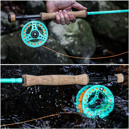 Sougayilang Fly Fishing Combo, 4 Piece Fly Rod and CNC Machined Aluminum Alloy Reel Complete Starter Package with Rod Bag - color: Fly Fishing Combo #8-Turquoisee