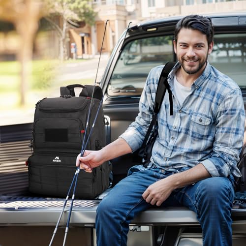 MATEIN Fishing Backpack Tackle Box, Tackle Backpack with Cooler for Men | Tackle Box Backpack, Fishing Bag with Rod Holders, Hold 4 3600 Tackle Boxes, Water Resistant, Gear Accessories, Fishing Gifts - color: Black
