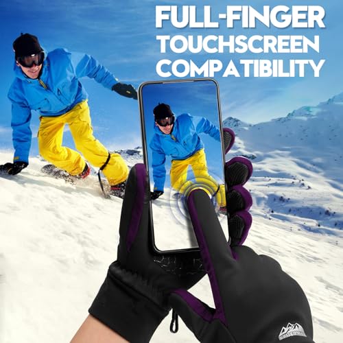 Bruvoalon Winter Gloves for Women & Men, 3M Thermal Insulation, Lycra Fabric, Touchscreen, Anti-Slip - color: Black/Purple, size: Large