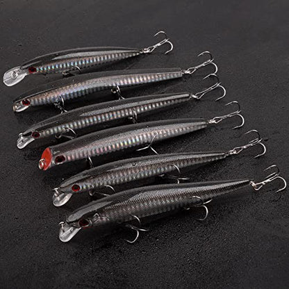 Saltwater Fishing Lure Kit Surf Fishing Popper Minnow Lures Jerkbait Hard Bait Poppers Lure for Striped Plugs Diving Inshore Offshore Ocen Fishing Mackerel Tarpon Barracuda 6PCS/12PCS - color: 6PCS