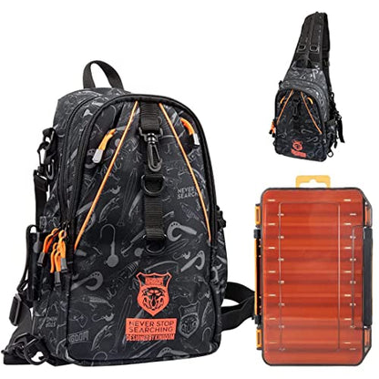 KINGDOM Fishing Tackle Storage Bag With Fishing lure Box, Water-Resistant Fishing Backpack with Rod Holder, Fishing Gear Bag - color: Black