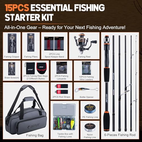 Goture Spinning Fishing Rod & Reel Combo with Carrier Bag,6.6-9FT,Spin Reels, Lures Kit, Pliers, Braided Line, Fish Gripper, Carbon Fiber Freshwater Fishing Rod Full Kit for Starter - size: 8FT: Spinning Rod, style: B - Xceed 6 Pieces Rod With Soft Fishin