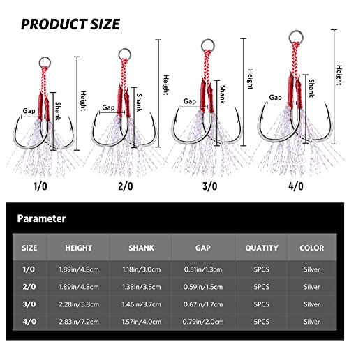 Goture Double Fishing Assist Hooks Kit Jig Assist Glow Hook Slow Fast Fall Jigs Fishing Hook for Lead Vertical Jigging Lures Pack of 5 - color: Red, size: #2/0 (5pcs)