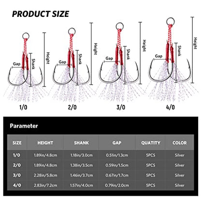 Goture Double Fishing Assist Hooks Kit Jig Assist Glow Hook Slow Fast Fall Jigs Fishing Hook for Lead Vertical Jigging Lures Pack of 5 - color: Red, size: #4/0 (20pcs)
