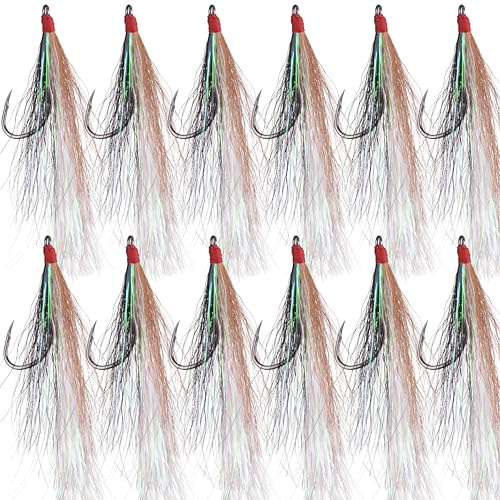 Bucktail Teasers Fishing Hooks Saltwater Flounder Rig Bucktail Mylar Teasers Inserted Fishing Teaser Hooks for Jigs Spoons Lures Hi/Lo Rig Striped Bass Bluefish Flounder Surf Bottom Fishing - color: Black-grey, size: 12pcs