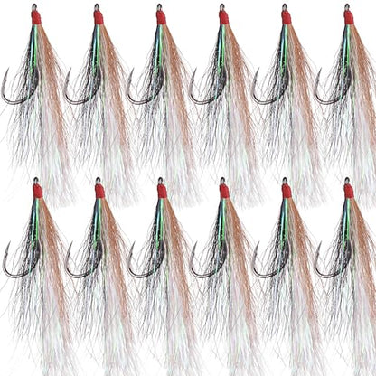 Bucktail Teasers Fishing Hooks Saltwater Flounder Rig Bucktail Mylar Teasers Inserted Fishing Teaser Hooks for Jigs Spoons Lures Hi/Lo Rig Striped Bass Bluefish Flounder Surf Bottom Fishing - color: Black-grey, size: 12pcs