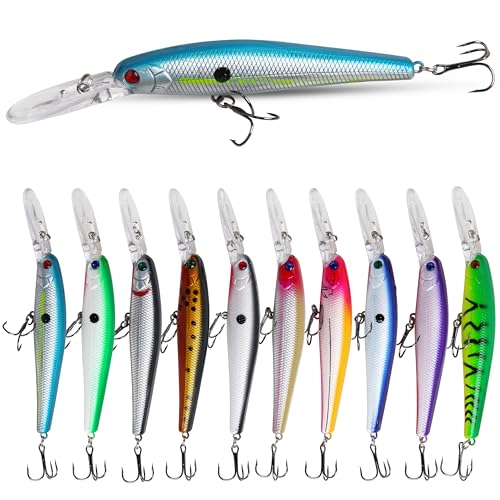 10pcs Fishing Lures Kit Minnow Hard Baits Deep Diving Crankbait Jerkbait Swimbait Lifelike Walleye Fishing Lures Trolling Lures for Bass Trout Pike Catfish Saltwater Freshwater