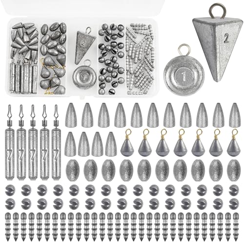 Fishing Weights Sinkers Kit, 100pcs Fishing Sinkers Assortment Includes Bullet Sinkers Disc Pyramid Weights Drop Shot Weight Split Shot Egg Sinkers for Saltwater Freshwater with Tackle Box