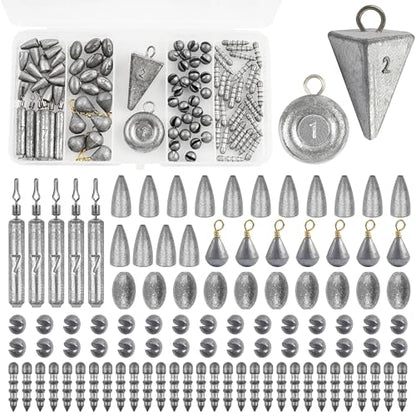 Fishing Weights Sinkers Kit, 100pcs Fishing Sinkers Assortment Includes Bullet Sinkers Disc Pyramid Weights Drop Shot Weight Split Shot Egg Sinkers for Saltwater Freshwater with Tackle Box