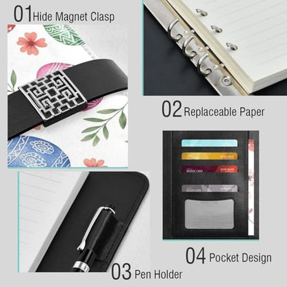 Easter Eggs Flowers Leaves A5 PU Leather Refillable Binder,Business Notebook Travel Planner with Expandable Pockets,6-Ring,Pen Storage & Easy-Clean Surface for Daily Use - color: Easter Eggs Flowers Leaves