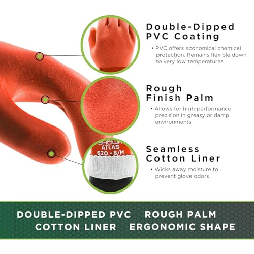 SHOWA Atlas 620 Double-Dipped PVC Chemical Resistant Gloves, Rough Finish Grip, Seamless Cotton Liner - size: X-Large, style: Vending 12-pack