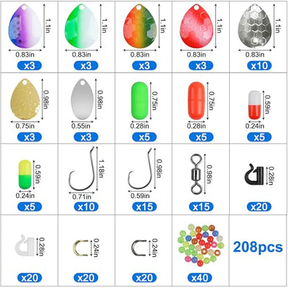Walleye Rig Making Kit DIY Fishing Lure Spinner Making Kit Supplies Parts Crawler Harness Live Bait Rigs Colorado Blades Pompano Floats Clevis Beads Tackle Fishing - color: 208pcs Spinner Rig Kit