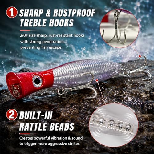 6.7-Inch Offshore Saltwater Popper Lures, 3.27 oz Topwater Fishing Lures for Long Casting & Boat Trolling, Tuna, Striped Bass, Bluefish & GT, Heavy-Duty Treble Hooks, 2-Pack with Storage Box