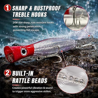6.7-Inch Offshore Saltwater Popper Lures, 3.27 oz Topwater Fishing Lures for Long Casting & Boat Trolling, Tuna, Striped Bass, Bluefish & GT, Heavy-Duty Treble Hooks, 2-Pack with Storage Box