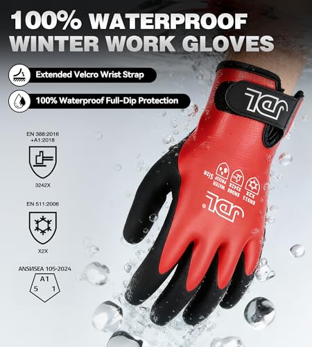 JDL 100% Waterproof Winter Work Gloves for Men & Women, Thermal Insulated Freezer Gloves for Cold Weather, Super Grip Palm, Red, Large, Medium