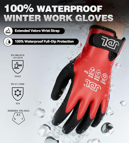 JDL 100% Waterproof Winter Work Gloves for Men & Women, Thermal Insulated Freezer Gloves for Cold Weather, Super Grip Palm, Red, Large, Medium