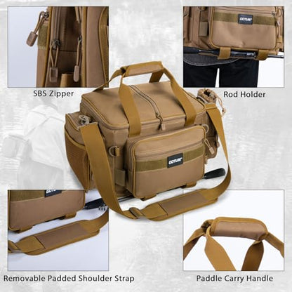 Goture Fishing Tackle Bag,Store Up to 4PCS 3700 Tackle Boxes(Not Included),600D Soft Side Water-Resistant Saltwater Gear Storage Fishing Bag with Rod Straps,Detachable Water Bottle Pouch,SBS Zippers - color: A3:Khaki(Without Trays-17.72"x11.81"x9.45"), si