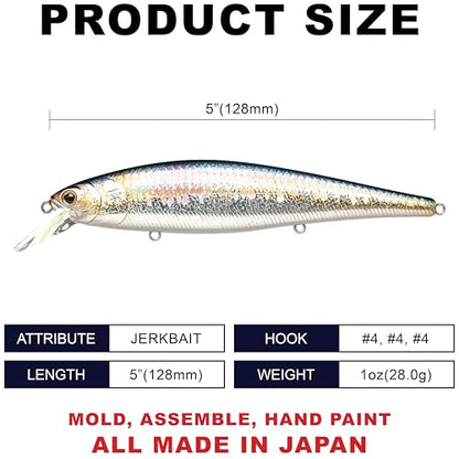 LUCKY CRAFT Pointer 128SP, Freshwater Lake Bass Fishing Lure, Jerkbait, Suspending, Fishing Gear, Fishing Accessories, Fishing Tackle - color: 270 MS American Shad