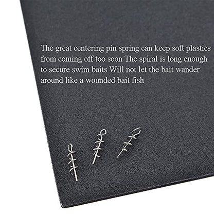 Centering Pin Spring Twist Lock Fishing Screw Worm Hook Crank Grub Rig Fixed Bait Run Straight Self Align Long Enough Secure Not Off Center Stainless Steel for Soft Lure - size: 14mm 100Pcs
