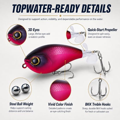 Top Water Lures, Floating Plopper Bait with BKK Hooks – Bass Fishing Lures for Trout, Pike & Other Freshwater & Saltwater Species – Great Fishing Gifts for Men - color: A3-3PCS,2.5in,0.4oz