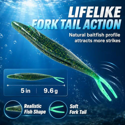 Soft Plastic Jerkbait Fishing Lures, 5 Inch Fluke Style Minnow Swimbaits for Bass, Walleye, Trout & Crappie, Scented Soft Baits for Freshwater & Saltwater, 10 Pack - color: Dark Green