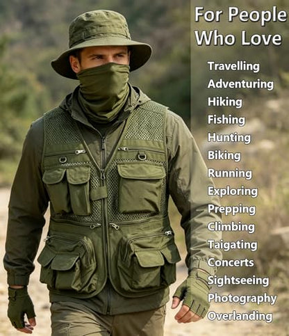 HUNTURE Fishing Vest,Pocket Vest and Hat Gloves Neck Gaiter Set for Men,Lightweight Utility Outerwear Vest - color: Green, size: Medium