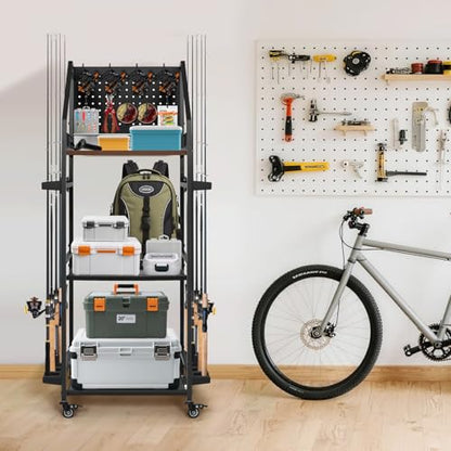 Fishing Pole Holders for Garage,3 Tiers Fishing Rod Rack,Holds up to 12 Rods,Fishing Organizer with Pegboard&Hooks&Lockable Wheels,Fishing Pole Storage for Reel Combos/Tackle/Fishing