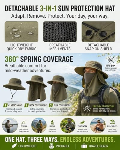 Mens Sun Hat with Neck Flap & Face Cover UPF 50+ Ultimate 360° All Terrain UV Protection Wide Brim Bucket Hats Hiking Fishing - color: 2pcs#a