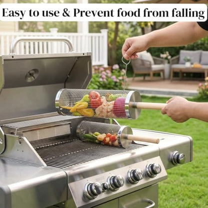 Grill Basket Set Stainless Steel, Rolling BBQ Tools with Removable Wooden Handle, Smoker Grilling Accessories for Fish, Grill Baskets for Outdoor Grill
