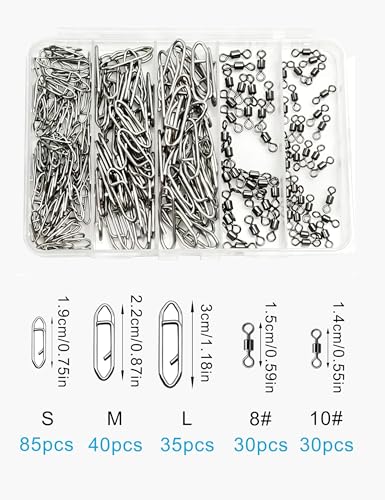 220pcs Speed Clips and Barrel Swivels Kit, Stainless Steel Quick Change Lure Snaps & Heavy Duty Saltwater Black Nickel Rolling Swivels, Terminal Tackle Assortment for Bass & Surf Fishing