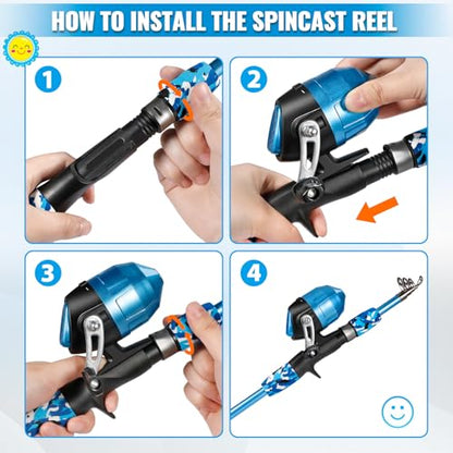 PLUSINNO Kids Fishing Pole with Spincast Reel Telescopic Fishing Rod Combo Full Kits for Boys, Girls, and Adults - color: Blue (with Fishing Net), size: 5FT / 1.5M