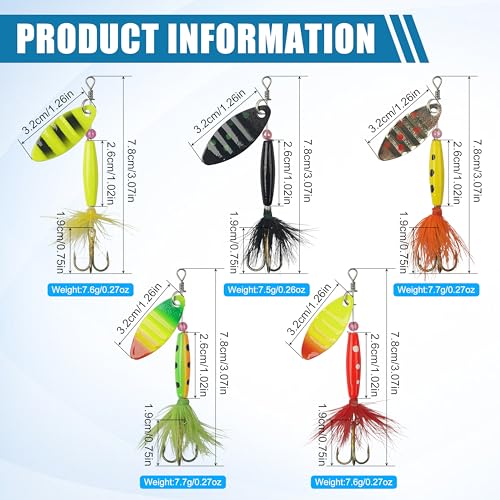 Spinner Baits Bass Lures Rooster Feather Tail Fishing Lures Trout Lures Hard Metal Inline Spinnerbaits for Bass Trout Pike Walleye Salmon with Tackle Box - style: B-5pcs-3"-0.27oz