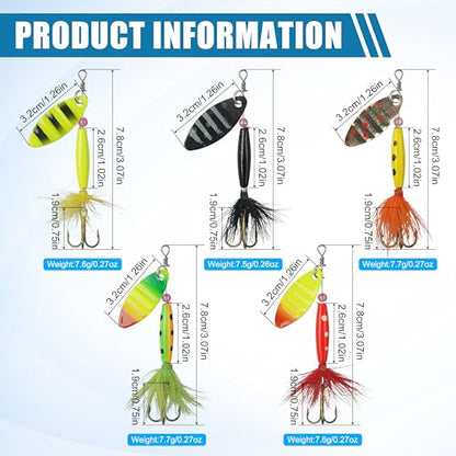 Spinner Baits Bass Lures Rooster Feather Tail Fishing Lures Trout Lures Hard Metal Inline Spinnerbaits for Bass Trout Pike Walleye Salmon with Tackle Box - style: B-5pcs-3"-0.27oz