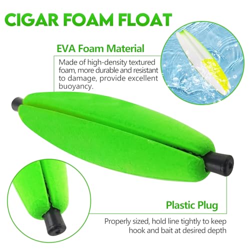 EUPHENG Peg Floats Slotted, Catfish Fishing Floats Slip Bobbers Cigar Foam Bobbers with Pipe Plug for Santee Rig Catfish Rig Fish Finder Rig - color: 24PCS-Green+Red+Yellow-(1.5"+2"+2.5"+3")