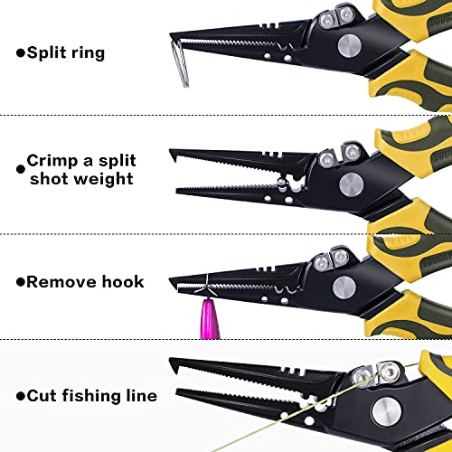 Sougayilang Fishing Pliers,Sheath and Lanyard Tungsten Carbide Cutters,420 Stainless Steel Fishing Tools,Saltwater Resistant Fishing Gear with Rubber Handle-7.5'' Split Ring Nose - Yellow - color: 7.5'' Split Ring Nose-yellow