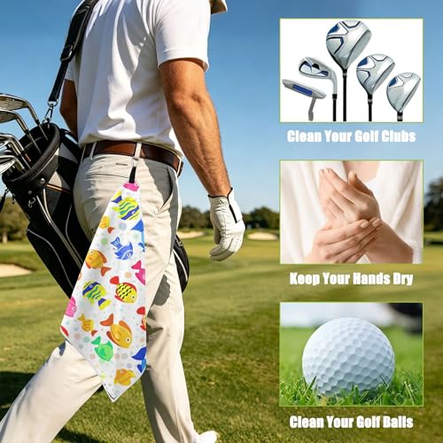 Fish 2 Pack Waffle Pattern Golf Towels, 17.7"x17.7" Square Golf Towel with Carabiner Clip and Magnetic Snap for Cleaning Golf Ball, Club