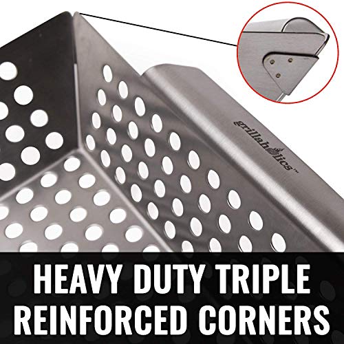 Grillaholics Grill Basket for Outdoor Grill - Durable Premium Stainless Steel Vegetable Grill Basket - XL Family Size BBQ Grill Basket - Perfect Grilling Accessories for Veggies, Fish, Shrimp & Kebabs | Family-Sized | Dishwasher Safe | Stainless Steel | I