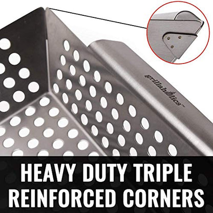 Grillaholics Grill Basket for Outdoor Grill - Durable Premium Stainless Steel Vegetable Grill Basket - XL Family Size BBQ Grill Basket - Perfect Grilling Accessories for Veggies, Fish, Shrimp & Kebabs | Family-Sized | Dishwasher Safe | Stainless Steel | I