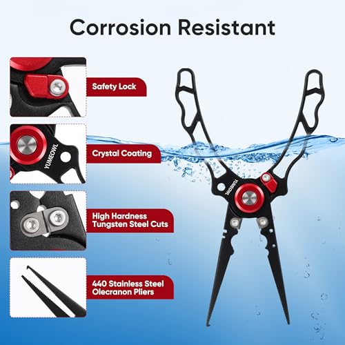 Fishing Pliers with Innovative Ergonomical Handle, Corrosion Saltwater Resistant,Fishing Multitool Hook Remover Braided Fishing Line Cutting, Split Ring with Coiled Lanyard and Sheath - color: Red&black-7.28"