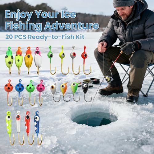 Natufish Glow Ice Fishing Jigs | Winter Ice Fishing Lures Set | Micro Jig Head for Pike, Panfish, Crappie, Perch, Walleye, Trout, Bluegill - with Storage Box - color: 20pcs